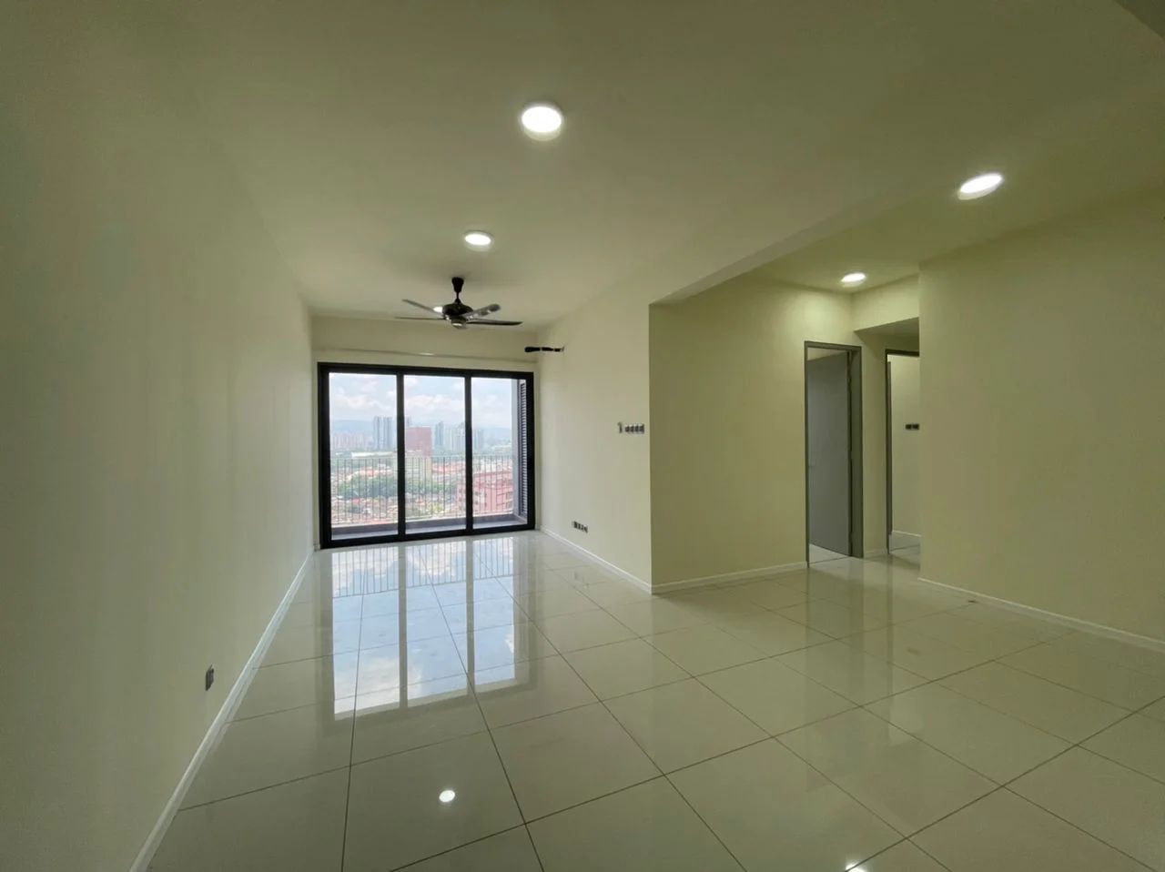 Living features: white painted walls, glossy ceramic tile flooring, 5-blade ceiling fan with light, floor-to-ceiling windows, city view, recessed downlights; style: modern; view: city. Room features: white painted walls, glossy ceramic tile flooring.